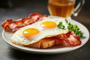 AI Generated English breakfast with bacon, eggs and toast bread on plate photo