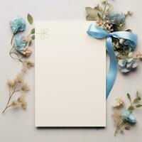 mockup wedding invitation card white paper with dandelions flower photo