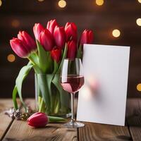 mockup white paper with tulip and wine on the table photo
