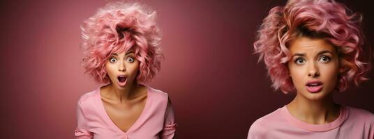 Two different portraits of shocked young woman with pink hair looking at camera on pink background. photo