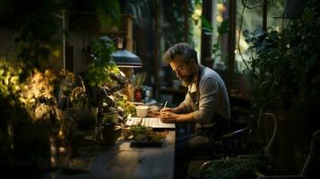 Portrait of a man working in a flower shop, make notes. photo