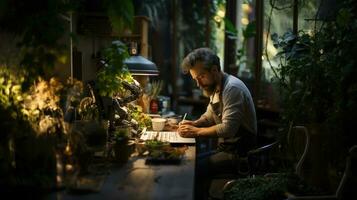 retrato de un hombre trabajando en un flor comercio, hacer notas foto