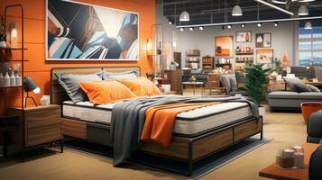 Store interior of a modern bedroom with orange walls and wooden floor. photo