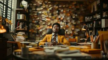 African american businessman in yellow suit sitting at his desk in office. photo