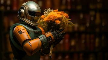 Vintage orange robot holding a bouquet of flowers. photo