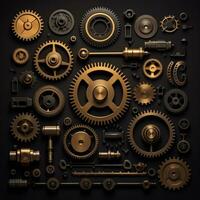 Ai generated knolling object separate part of gear mechanical. gold and black theme. background wallpaper. photo