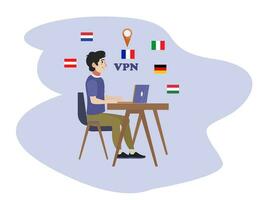 vpn concepto. virtual privado red solicitud. hombre utilizando vpn en el computadora. plano vector diseño ilustración.