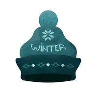 Winter hat. Warm wooly green hat with pompom. Fashion. Logo, icon. Flat vector illustration.