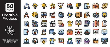 Creative process icons set. Filled outline style icons pack. Vector illustration