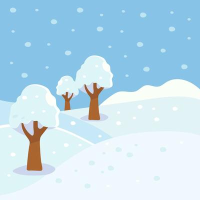 Winter morning, flat color vector illustration. Snow on winter hills and trees. Winter landscape.