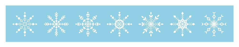 Collection of icons of different snowflakes. Snowflakes are white on a blue background. Winter symbol. vector