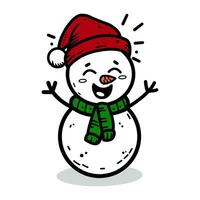Vector cartoon snowman with red Santa hat, hand drawn isolated on white background