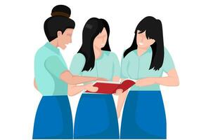 Three female students read books together There is a discussion about the contents of the book.Vector illustration vector