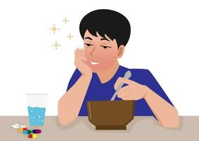 The young man had a headache and felt unwell. It made him lose his appetite and not want to take medicine. Vector illustration