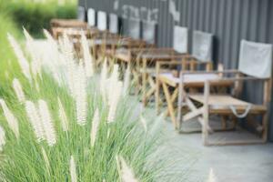 Green natural outdoor garden with relax chair and gray building background photo