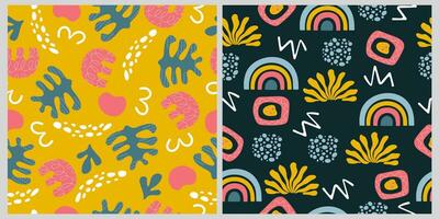 Set of two colourful patterns with hand drawn abstract trendy elements. Vector design with simple shapes.