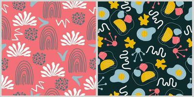 Set of two seamless patterns with hand drawn abstract trendy elements. Vector design with simple shapes.