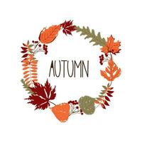 Colourful wreath with autumn leaves and berries. Hand drawn vector frame with word autumn in the center.