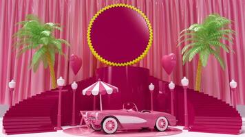 Barbie Pink Podium, with stairs that go to a container to put your product or logo. The stage has palm trees, a pink car, hearts, lamp posts, Loop video