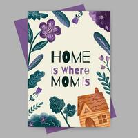 mothers day greeting card with floral and watercolor house illustration vector