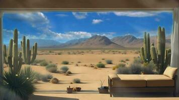 Ai generative, a desert room with a couch and cactus plants video