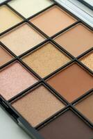 Natural look, Brown tone eye shadows make up palette in black case on white background. Selective focus. macro photo