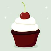 chocolate cake with cherry. Sweet cupcake with chocolate. Vector illustration of dessert.