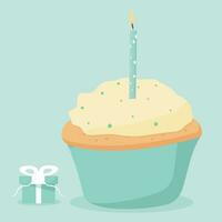 birthday cake with candles. Sweet cupcake with chocolate. Vector illustration of dessert.
