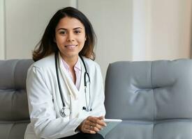 Doctor woman wearing white coat stethoscope on shoulders looking at camera, doctor make video call internet talk with patient provide help online counseling and therapy concept.AI Generative. photo