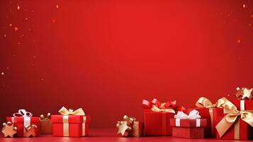 AI Generative.Gift boxes and Christmas decorations on red background, flat lay. Space for text photo