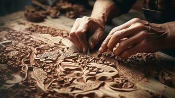 de cerca carpintero trabajando tallado madera.ai generativo. foto