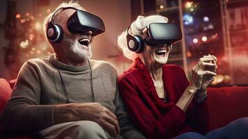 Cheerful Elderly Couple Relaxing wearing VR on Sofa with Friends in Living Room.AI Generative photo