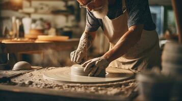 Hands working with clay on potter's wheel, craftsmanship, traditional craft making.AI Generative. photo