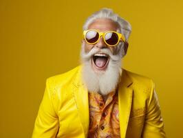 ai generativo.feliz sonriente hombre con barba y gris pelo vistiendo Gafas de sol en amarillo antecedentes foto