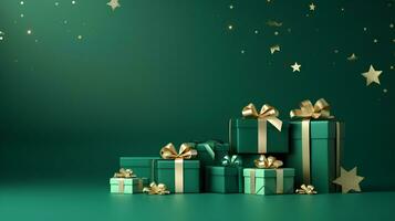 ai banner generativo con muchos regalo cajas atado con terciopelo cintas y papel decoraciones en un verde antecedentes. Navidad antecedentes. foto