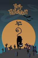 Halloween night, black cat, dark atmosphere, moonlight, witch, broomstick, tombstone, ghost hand, bat vector illustration. scary night