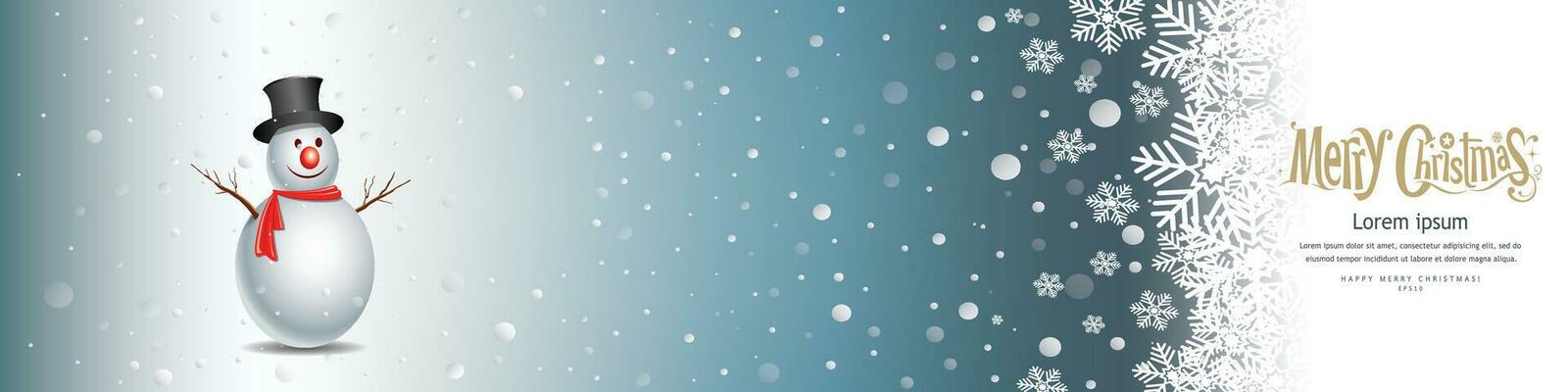 Christmas banner with decorated snowman and snowflakes on a blue background. snowman wearing a hat. Merry Christmas text. For New Year and winter holiday cards, headers, gift certificates