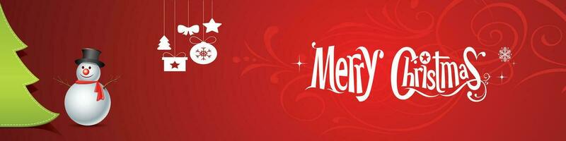 Christmas banner with decorated snowman and gifts on a red background. snowman wearing a hat. Merry Christmas text. For New Year and winter holiday cards, headers, gift certificates vector