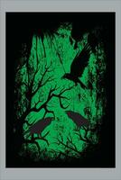 PrinVector illustration of silhouettes of various crows in grunge style. in a green background vector
