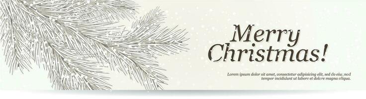 Christmas banner. Christmas design background sparkling christmas tree twigs with silver snowflakes. Horizontal Christmas poster, greeting card, website header vector