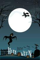 Halloween night, pumpkin, dark atmosphere, witch, ghost, broomstick, full moon vector illustration. scary night