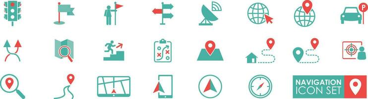 Navigation icon set. It contains a map, map pin, GPS, distance,  destination, directions, Traffic light, Road, place, navigation, and address icons. Solid icons vector collection.