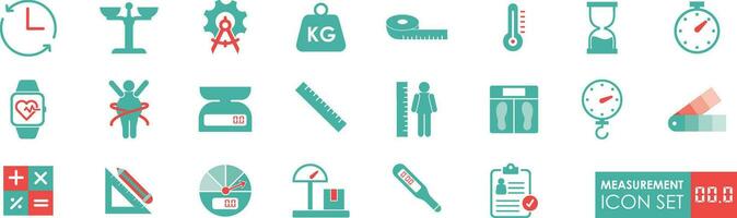 Set of Measurement icons. For website marketing design, logo, app, template, UI, etc. It contains scale, ruler, size, dimension, temperature, and gauge icons. Solid icon collection. vector