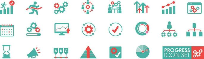 Set of Progress icons. It contains performance, gain, improvement, growth, Graphs, chart, increase, evolution, and development icons. Solid icon collection. Vector illustration.