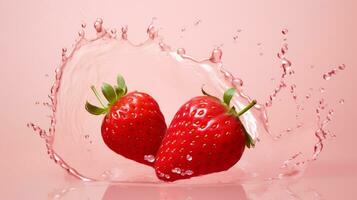 Freshly Splashed Strawberry on Colored Background with Water Droplets.AI Generative photo
