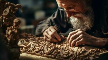 Close-up Carpenter working carving wood.AI Generative. photo