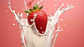 Fresh strawberries splashed in milk spread on a pink background.AI Generative. photo