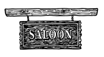 Wooden signboard with the words Saloon. Hanging board on chains with the text Saloon. Sign in front of the entrance to the old western saloon. Hand drawn vector sketch illustration isolated on white