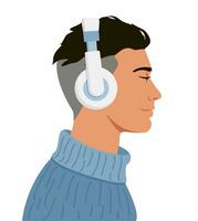 Young man listen to music on headphones. Vector of a handsome guy listening to the music with headphones. Music therapy. Modern man profile. Avatar. Vector flat illustration.