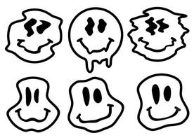 Melting or dripping smiles set. Distorted melting smile face. Psychedelic quirky cartoon face. Graffiti smiley. Vector illustration.